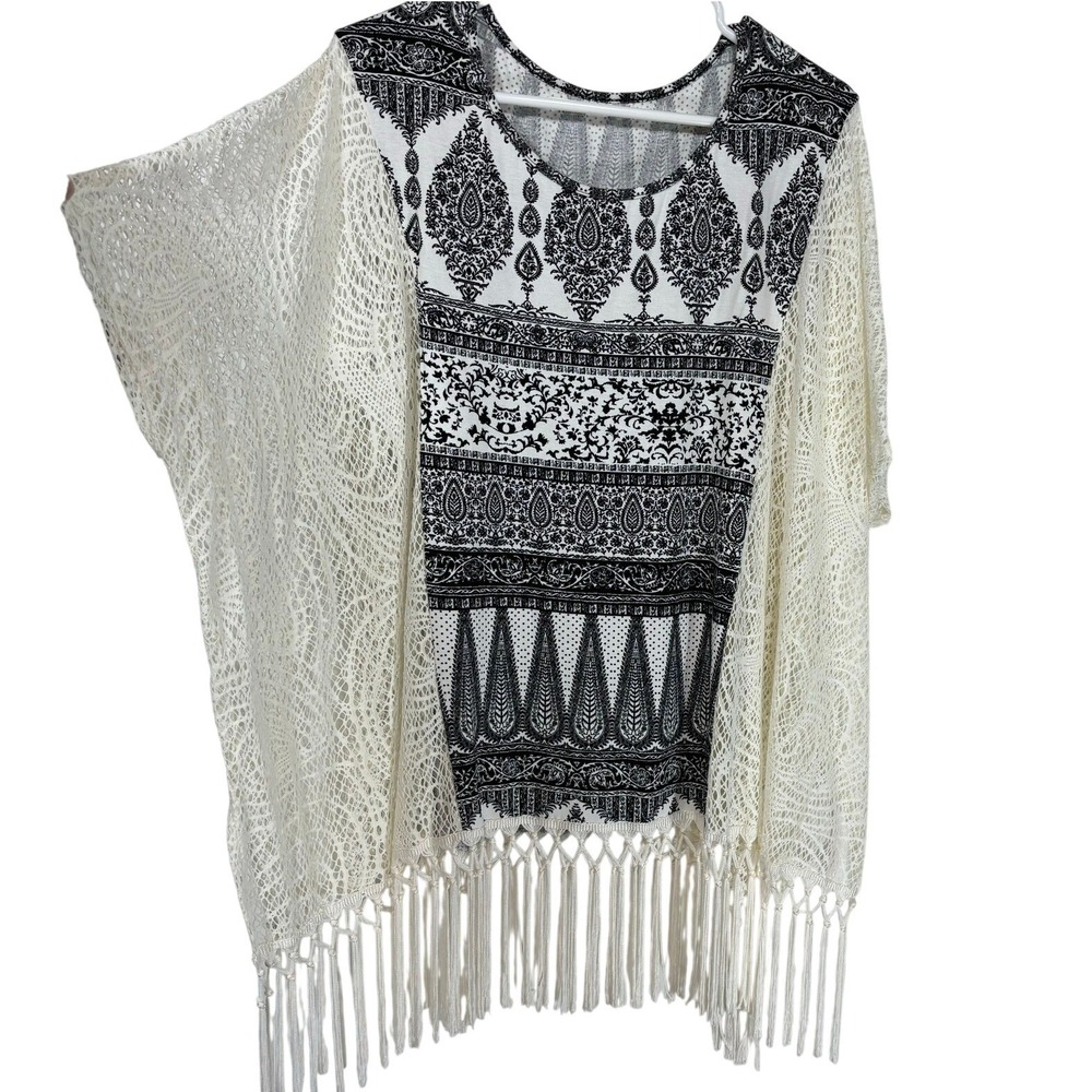 Boho Fringe Kimono Top LARGE Black White Lace Paisley Festival Beach Summer